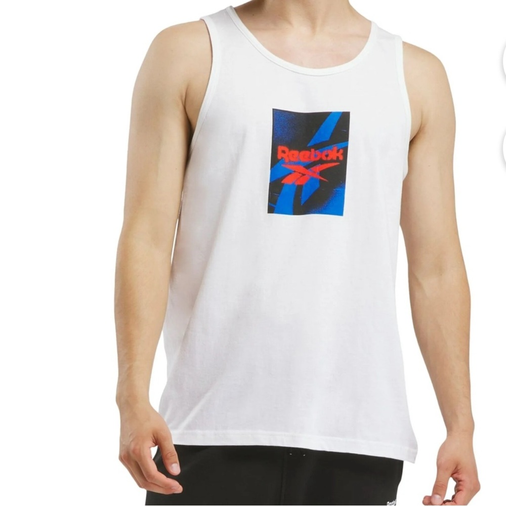 Reebok Men's White Tank Top with Blue Graphic